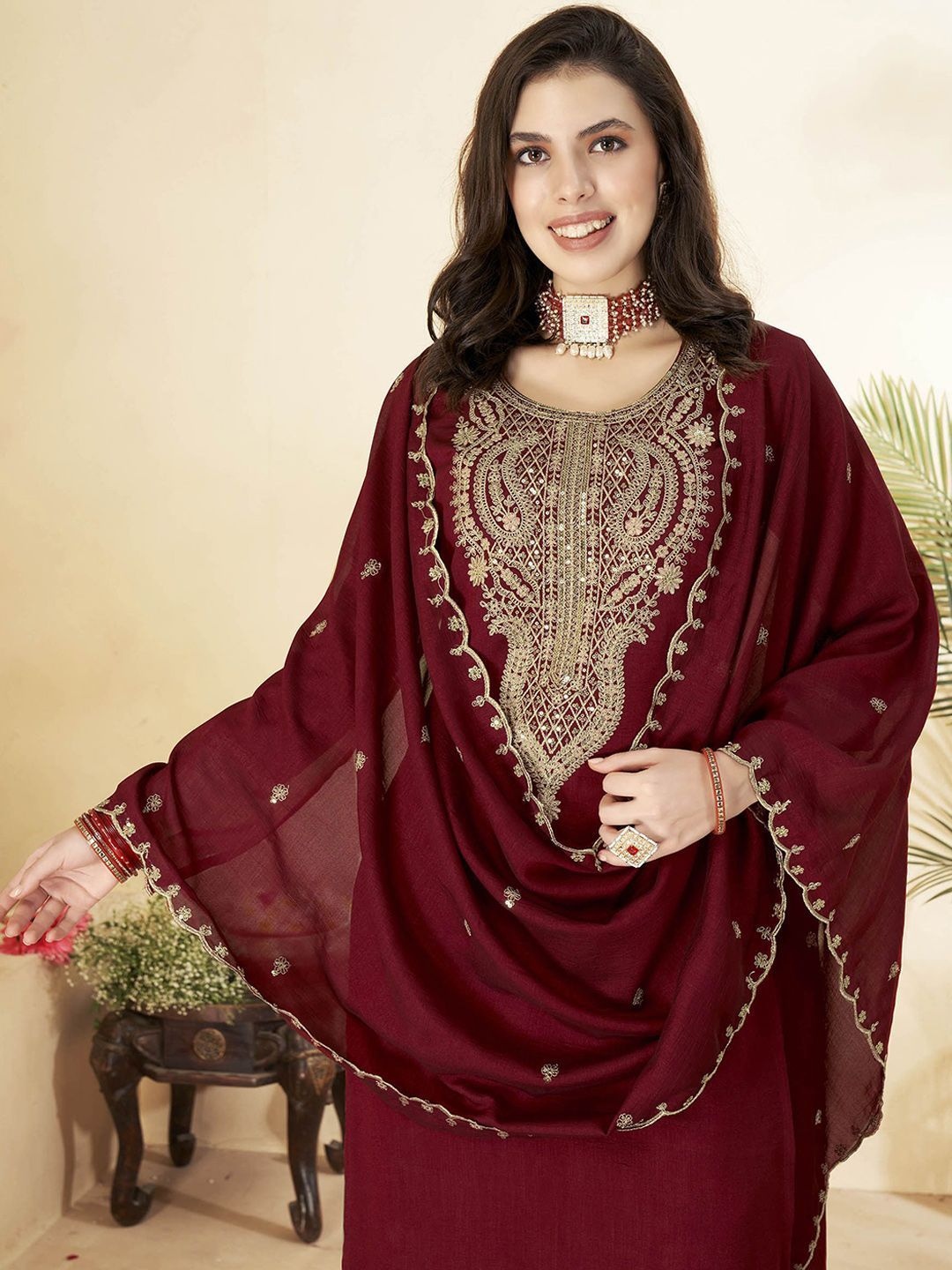 Maroon Heritage Embroidered Vichitra Silk Salwar Suit