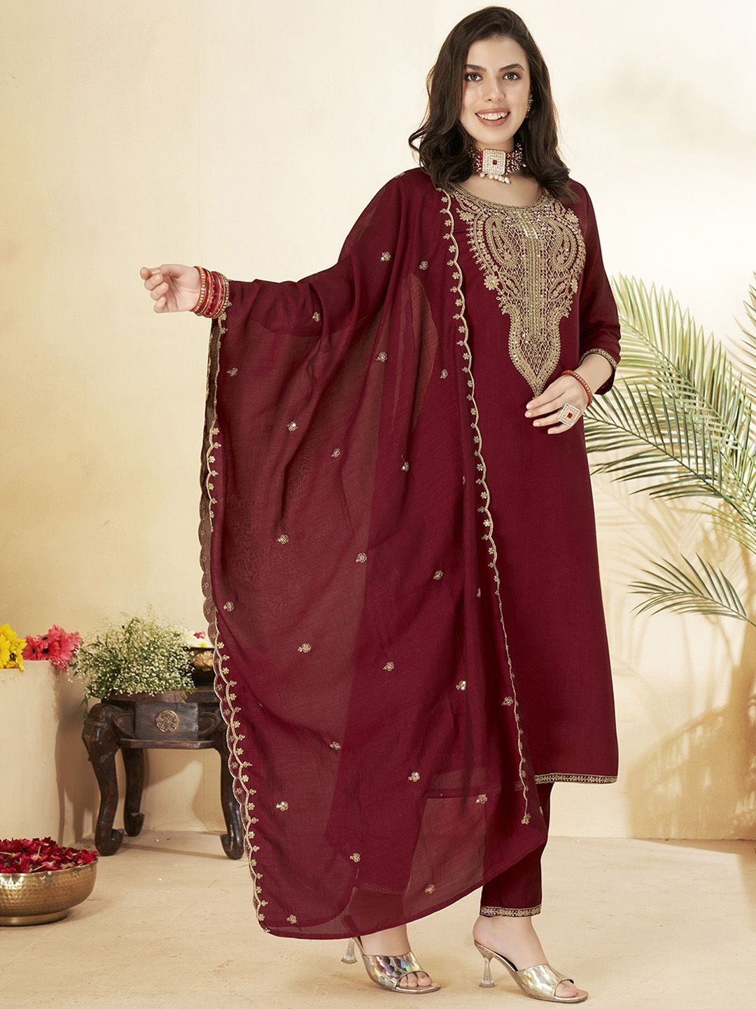 Maroon Heritage Embroidered Vichitra Silk Salwar Suit