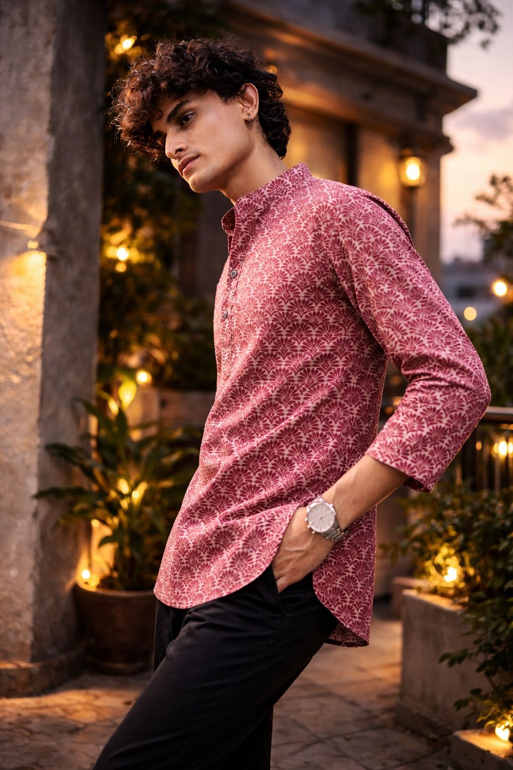 Maroon Heritage Printed Linen Kurta