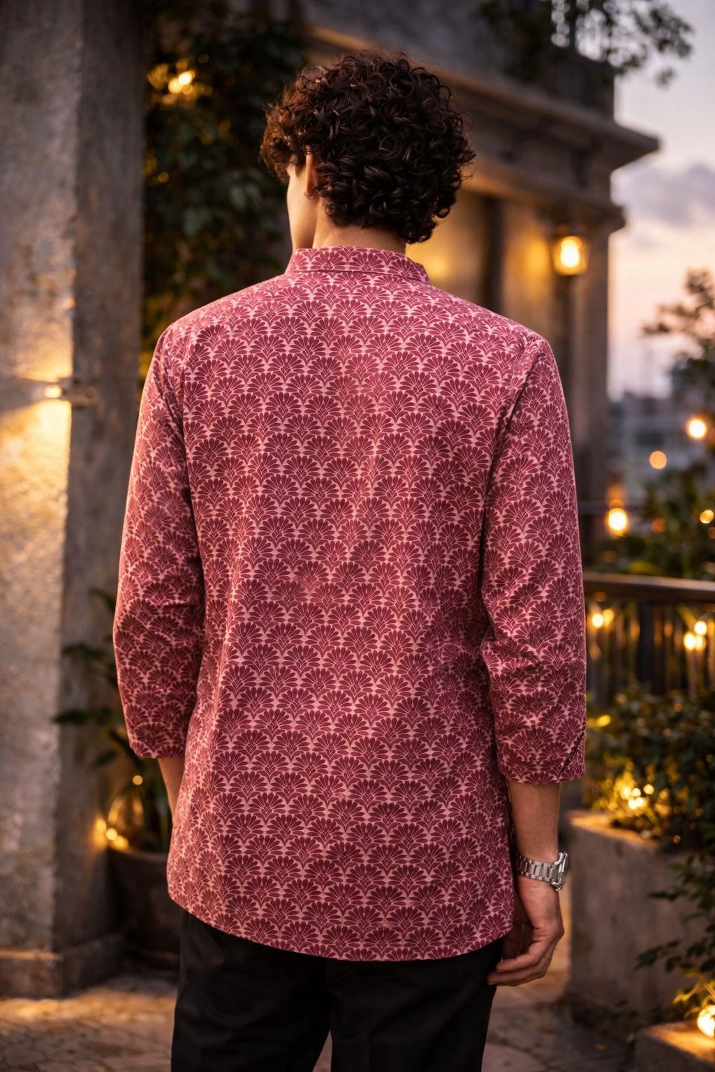 Maroon Heritage Printed Linen Kurta — alternate view