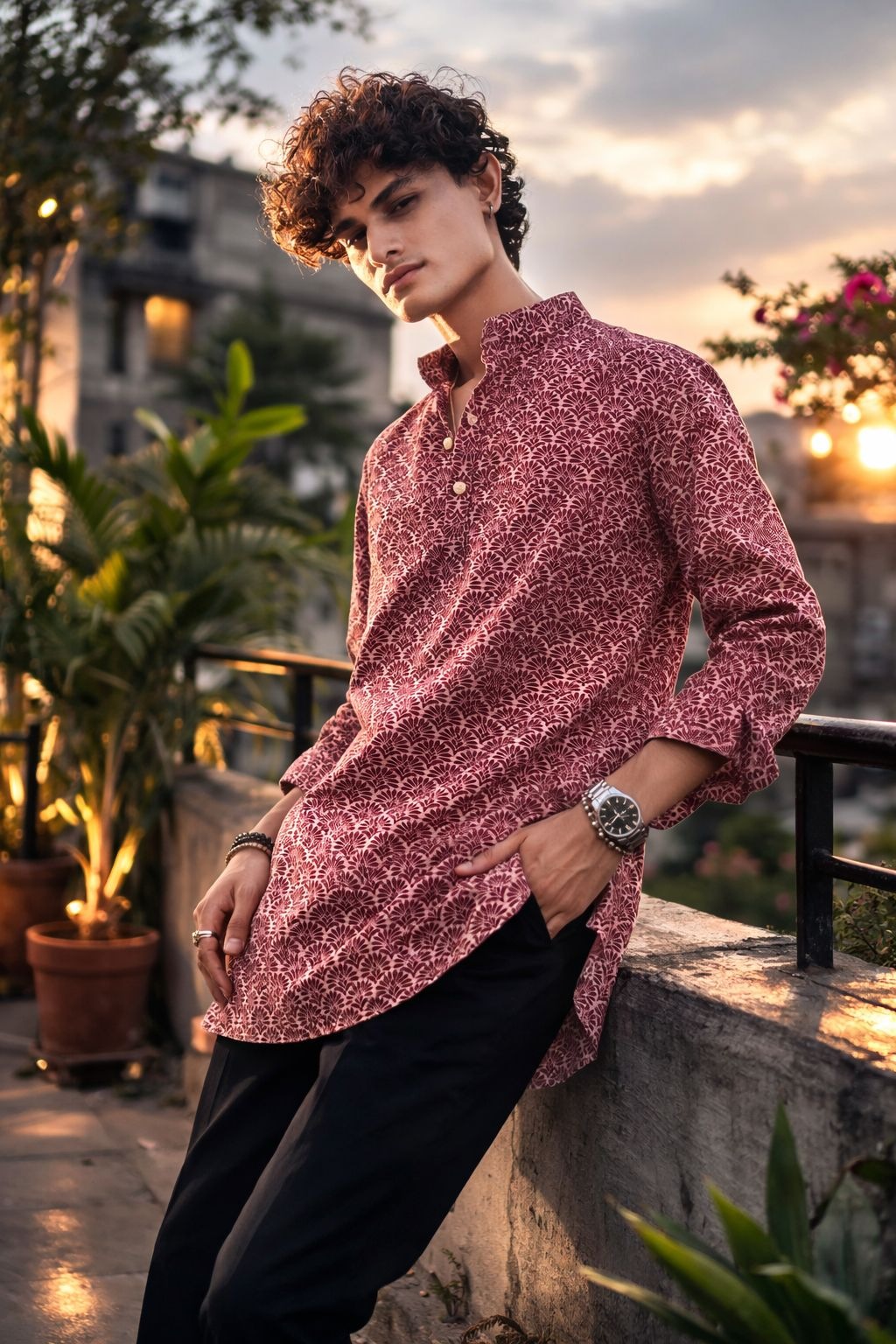 Maroon Heritage Printed Linen Kurta