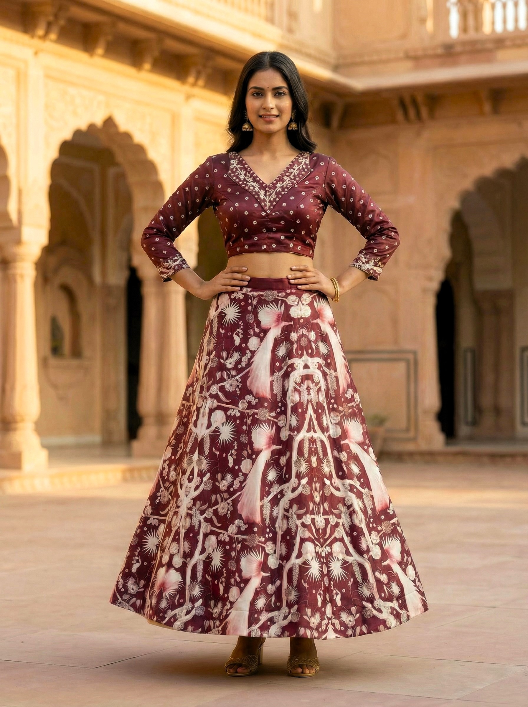 Maroon Heritage Printed Silk Blend Lehenga Choli