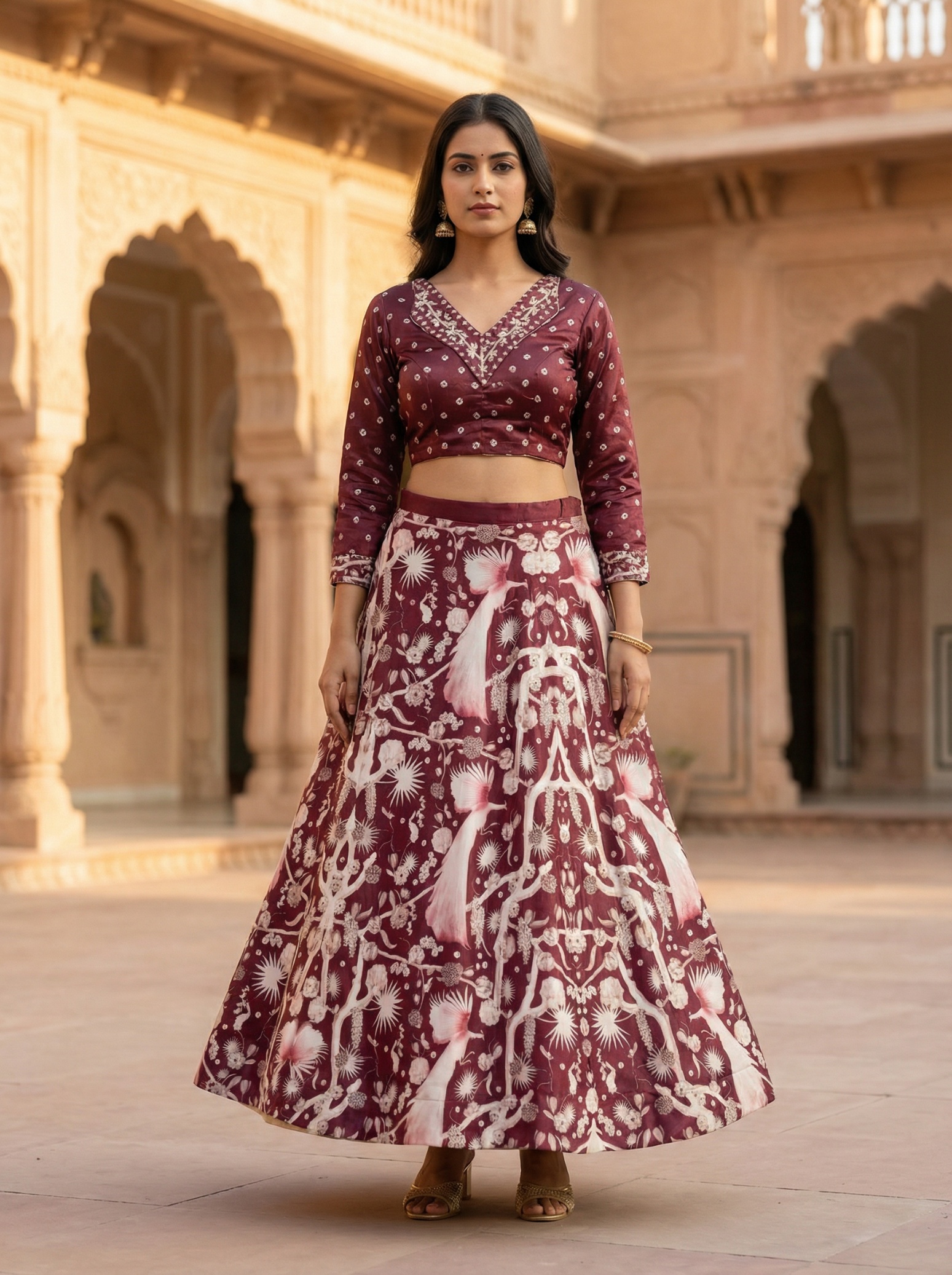 Maroon Heritage Printed Silk Blend Lehenga Choli