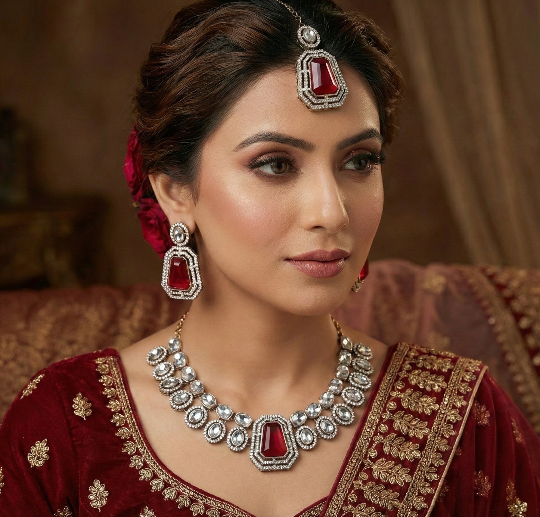 Maroon Heritage Stone Alloy Festive Necklace