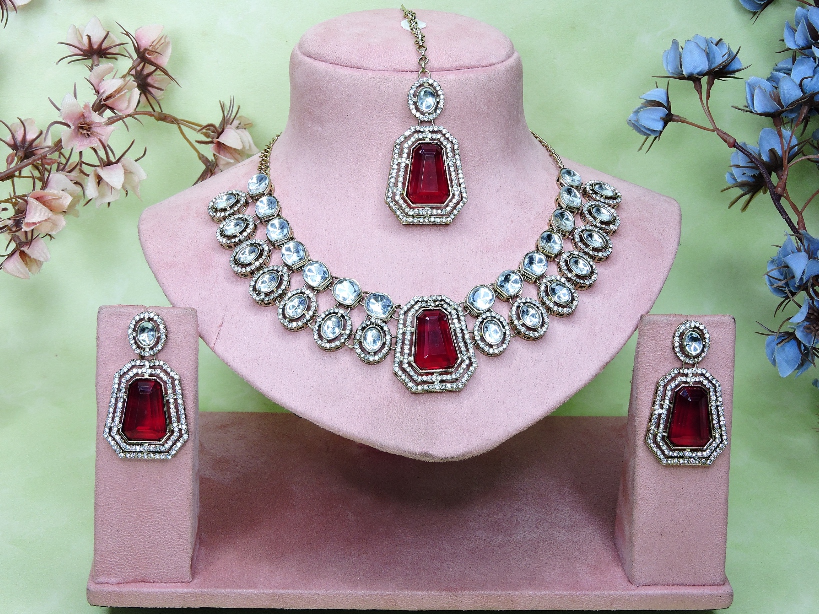 Maroon Heritage Stone Alloy Festive Necklace — alternate view