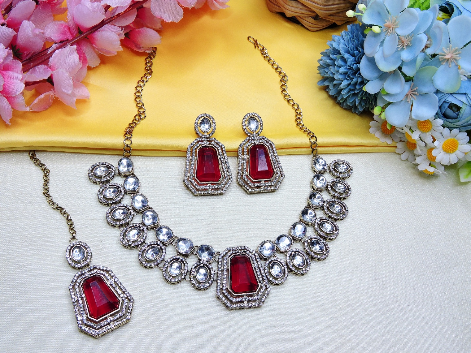 Maroon Heritage Stone Alloy Festive Necklace