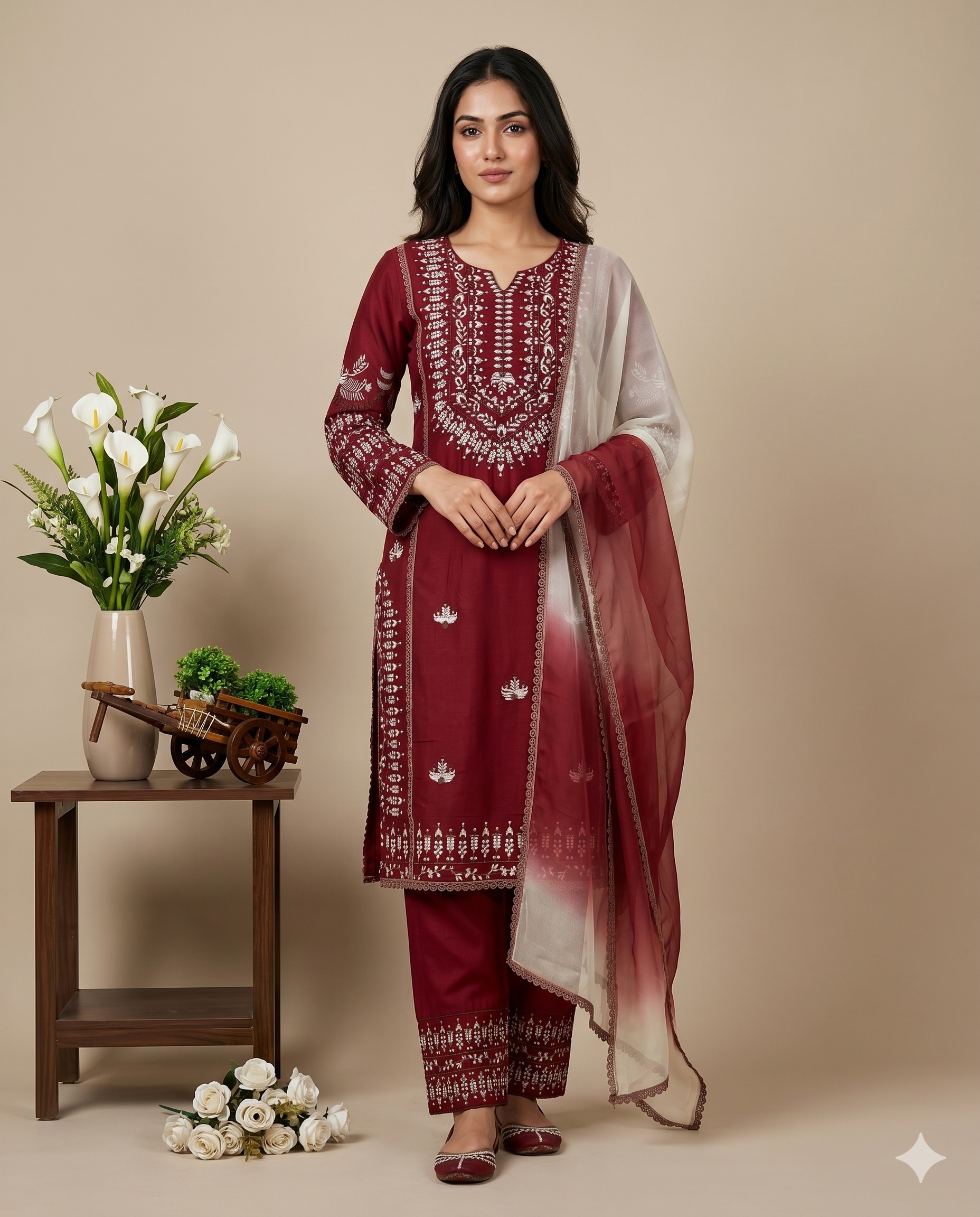 Maroon Jaal Embroidery Thread Rayon Cotton Sharara Suit