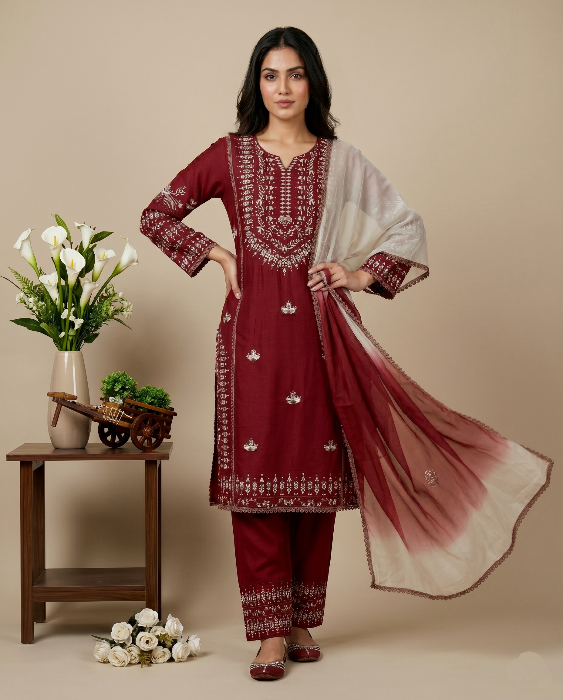 Maroon Jaal Embroidery Thread Rayon Cotton Sharara Suit — alternate view