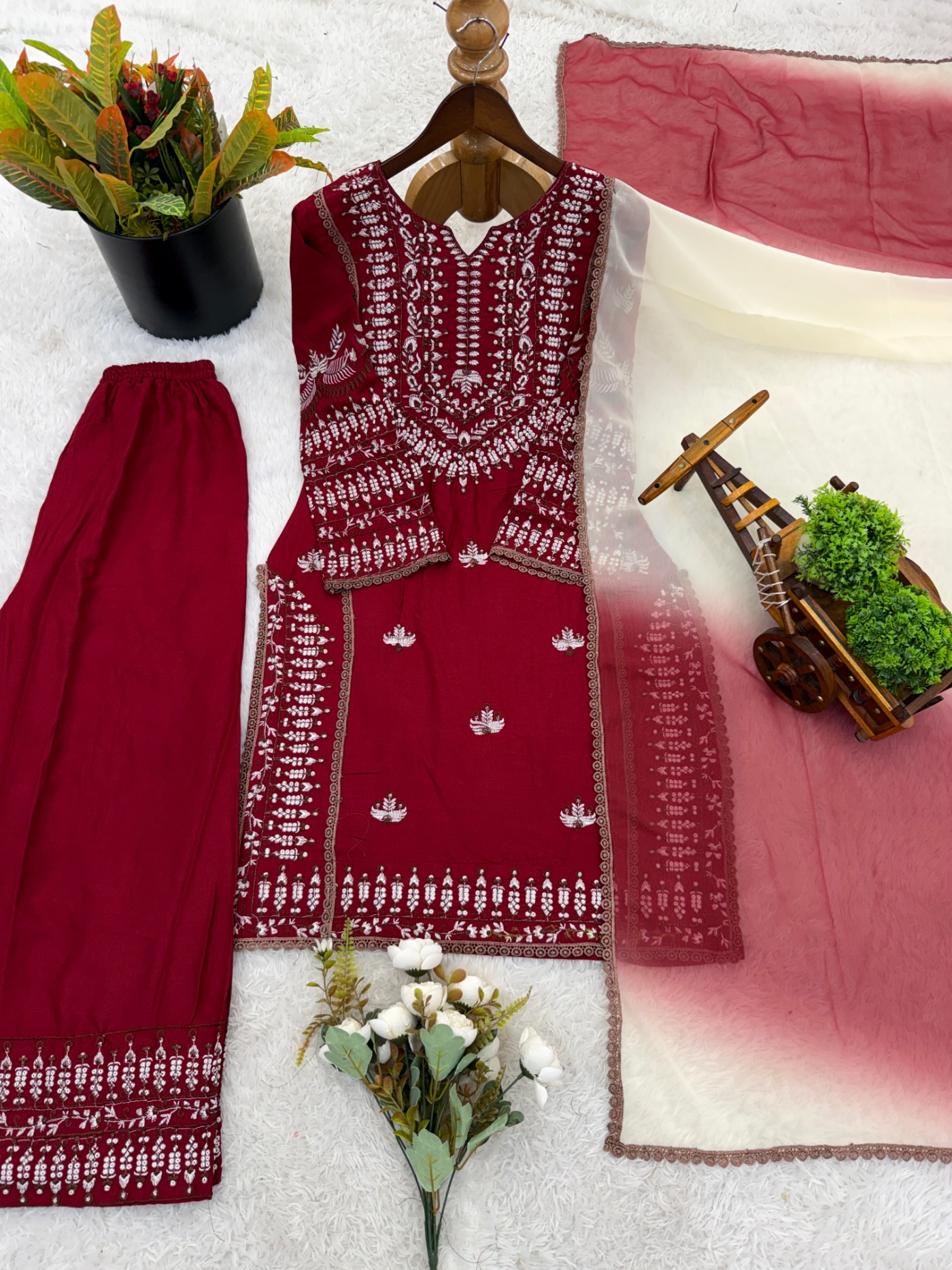 Maroon Jaal Embroidery Thread Rayon Cotton Sharara Suit