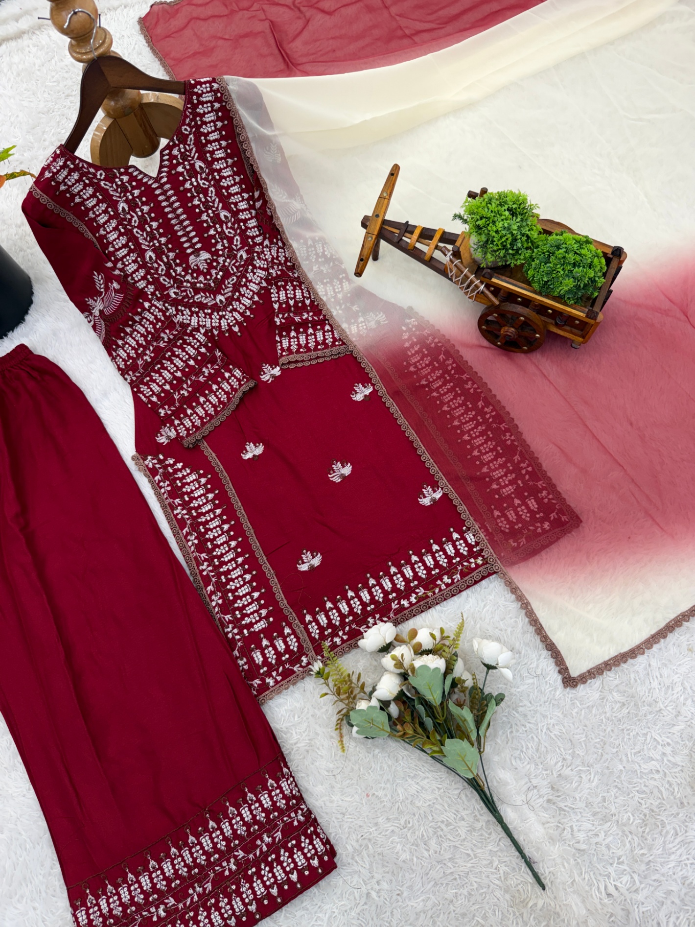Maroon Jaal Embroidery Thread Rayon Cotton Sharara Suit