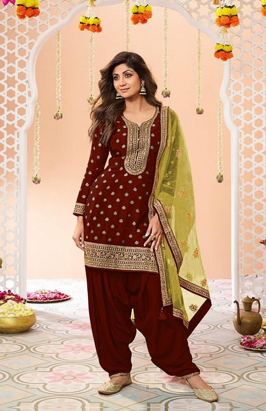 Maroon Jacquard Silk Patiala Suit