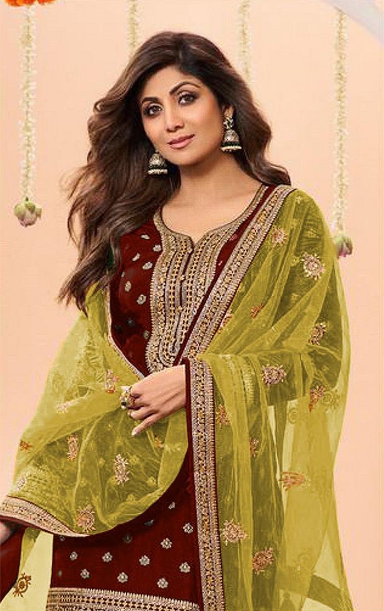 Maroon Jacquard Silk Patiala Suit — alternate view