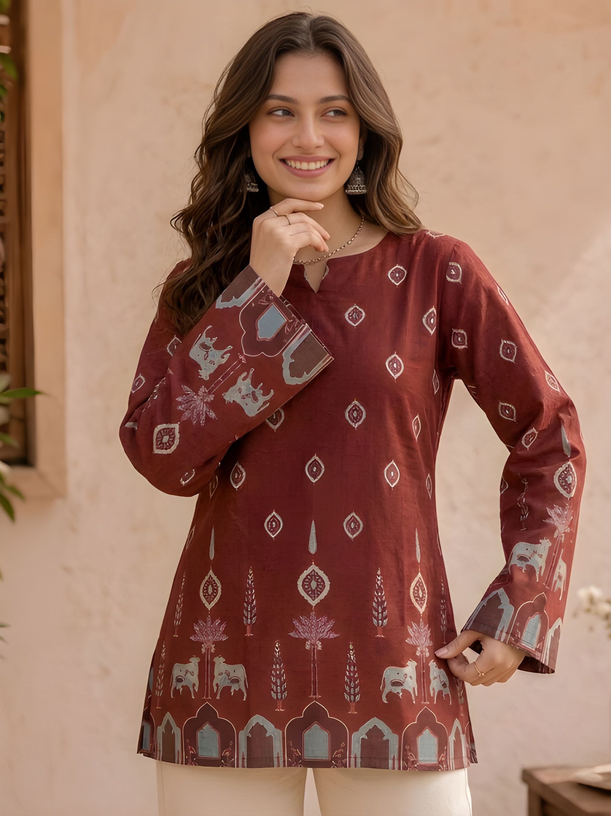 Maroon Kalamkari Printed Cotton Short Kurti