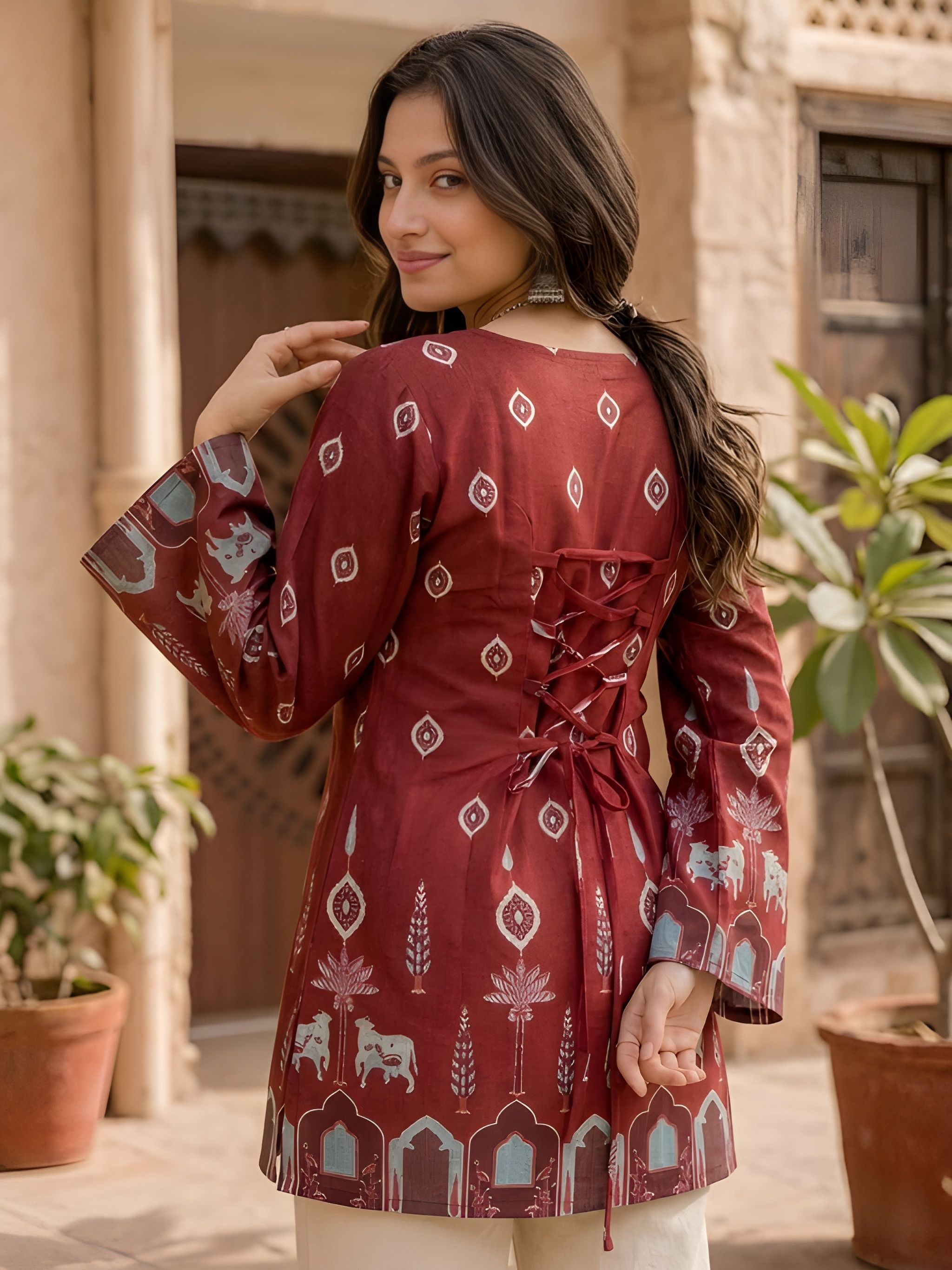 Maroon Kalamkari Printed Cotton Short Kurti — alternate view