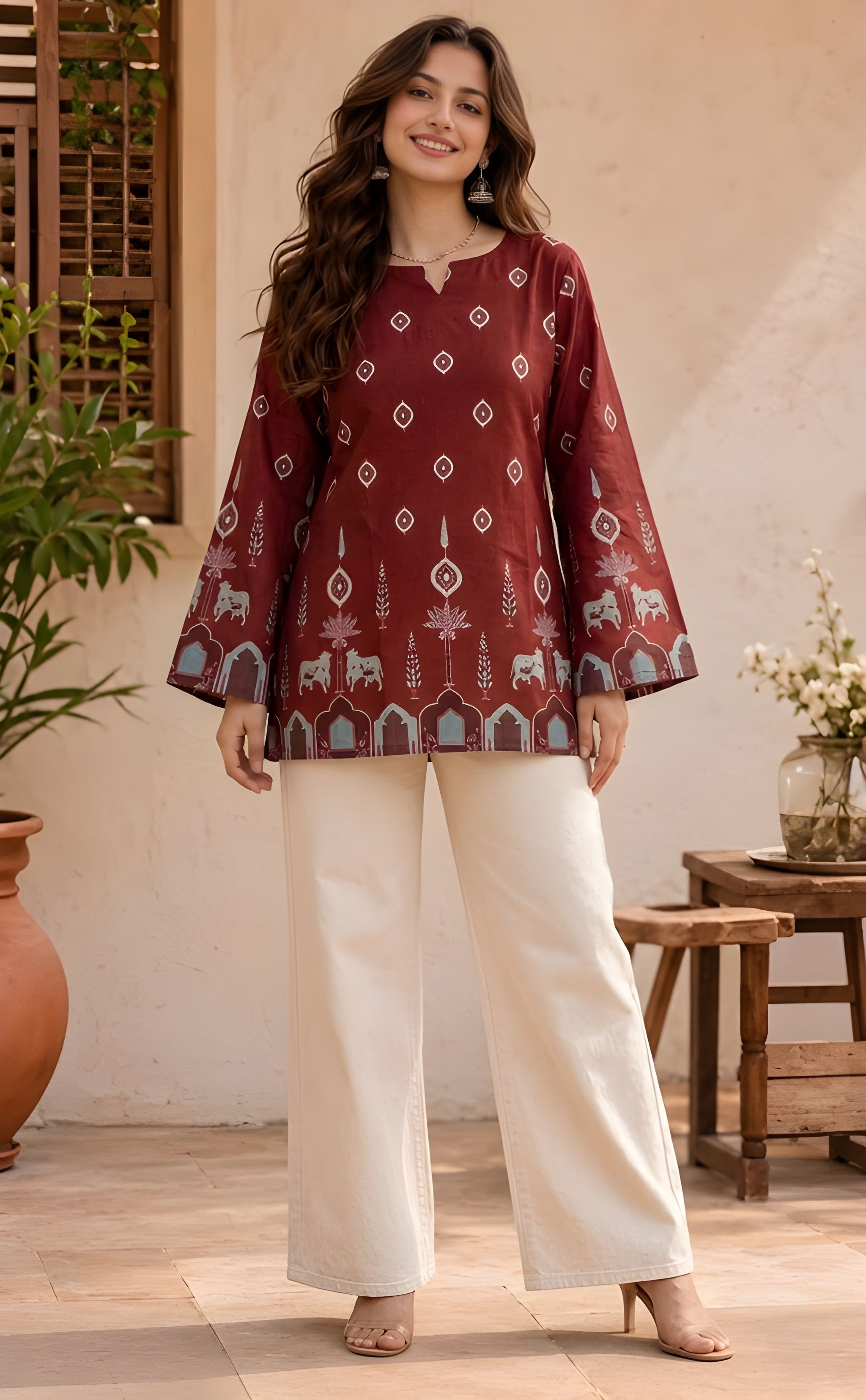 Maroon Kalamkari Printed Cotton Short Kurti