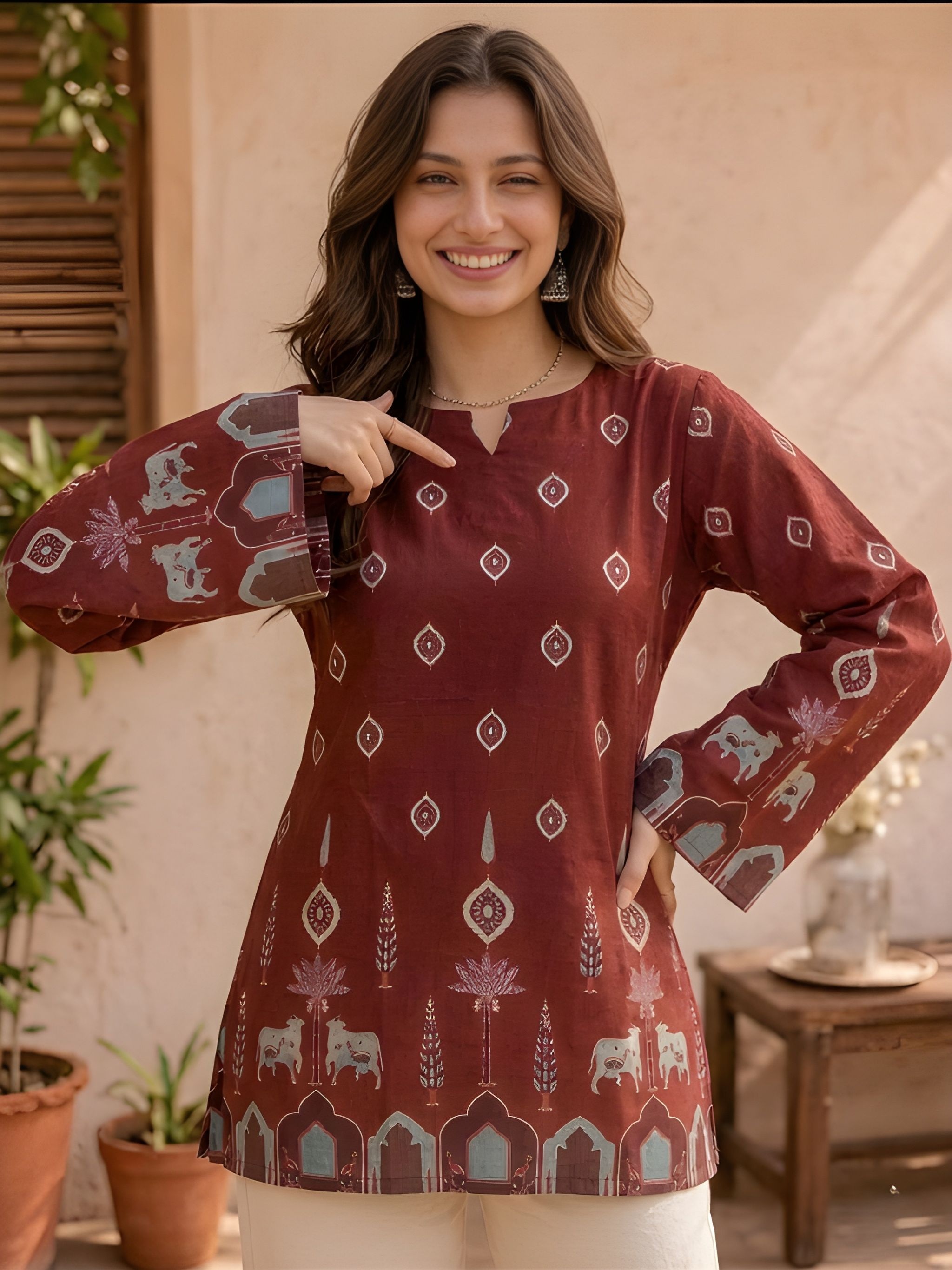 Maroon Kalamkari Printed Cotton Short Kurti