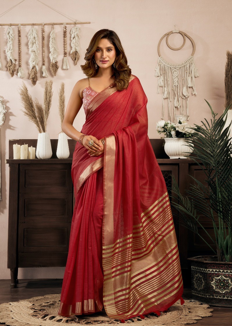 Maroon Khadi Cotton Striped Pallu Zari Border Saree