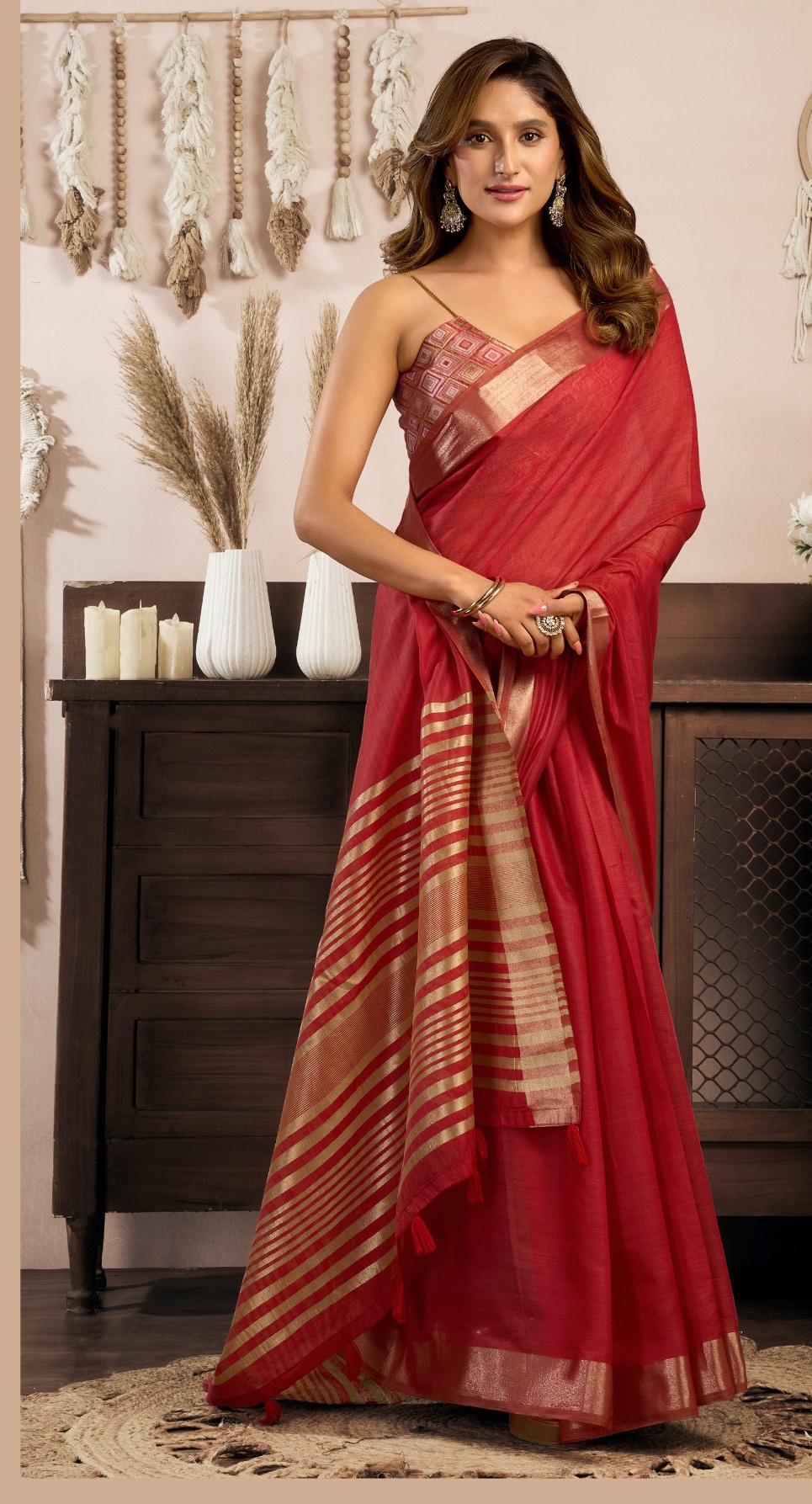 Maroon Khadi Cotton Striped Pallu Zari Border Saree