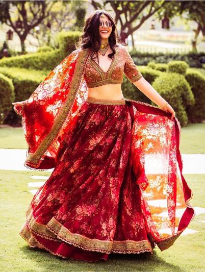 Maroon Khadi Organza Floral Print Lehenga