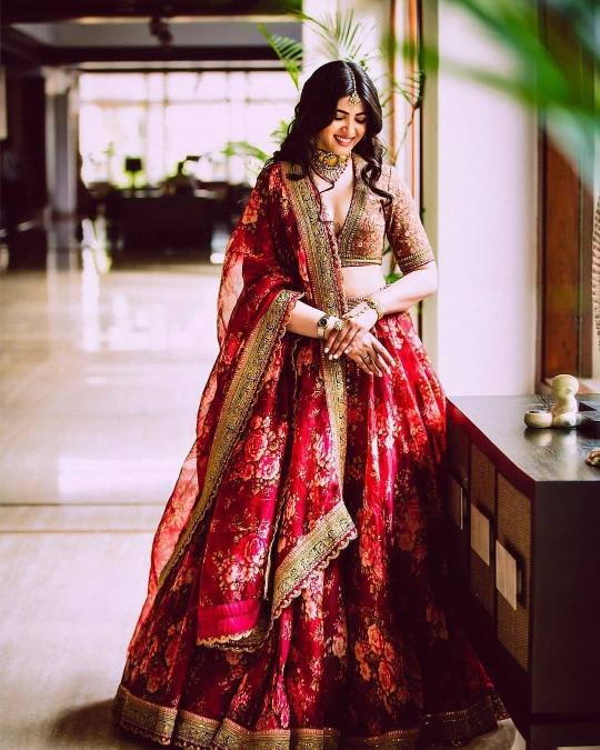 Maroon Khadi Organza Floral Print Lehenga — alternate view