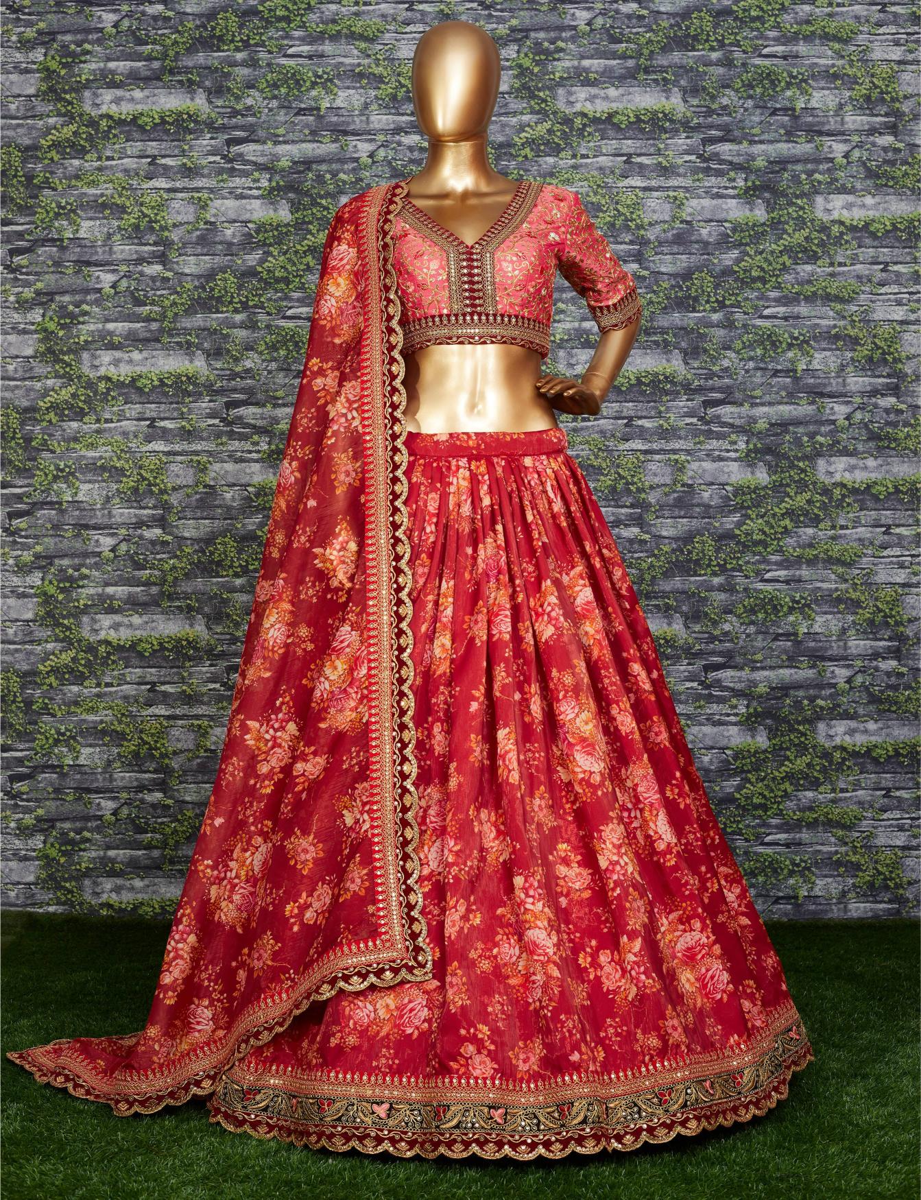 Maroon Khadi Organza Floral Print Lehenga