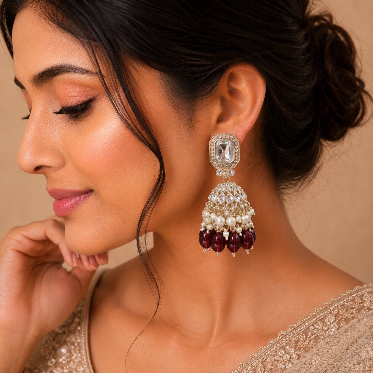 Maroon Kundan Pearl Jhumka Earrings