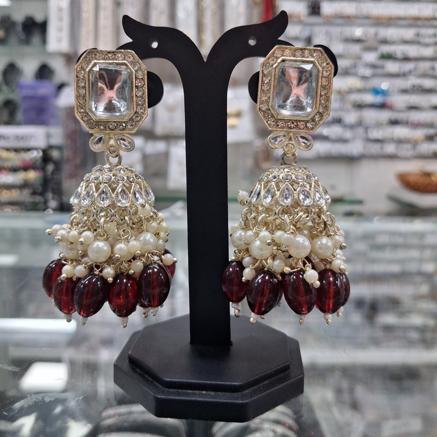 Maroon Kundan Pearl Jhumka Earrings