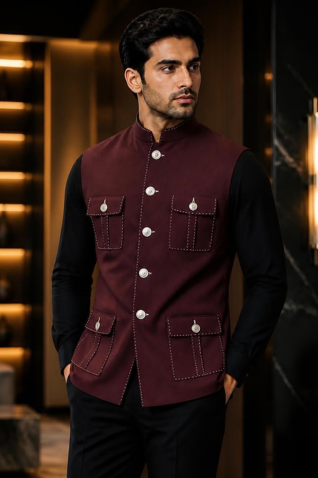 Maroon Lachka Silk Pocket Koti
