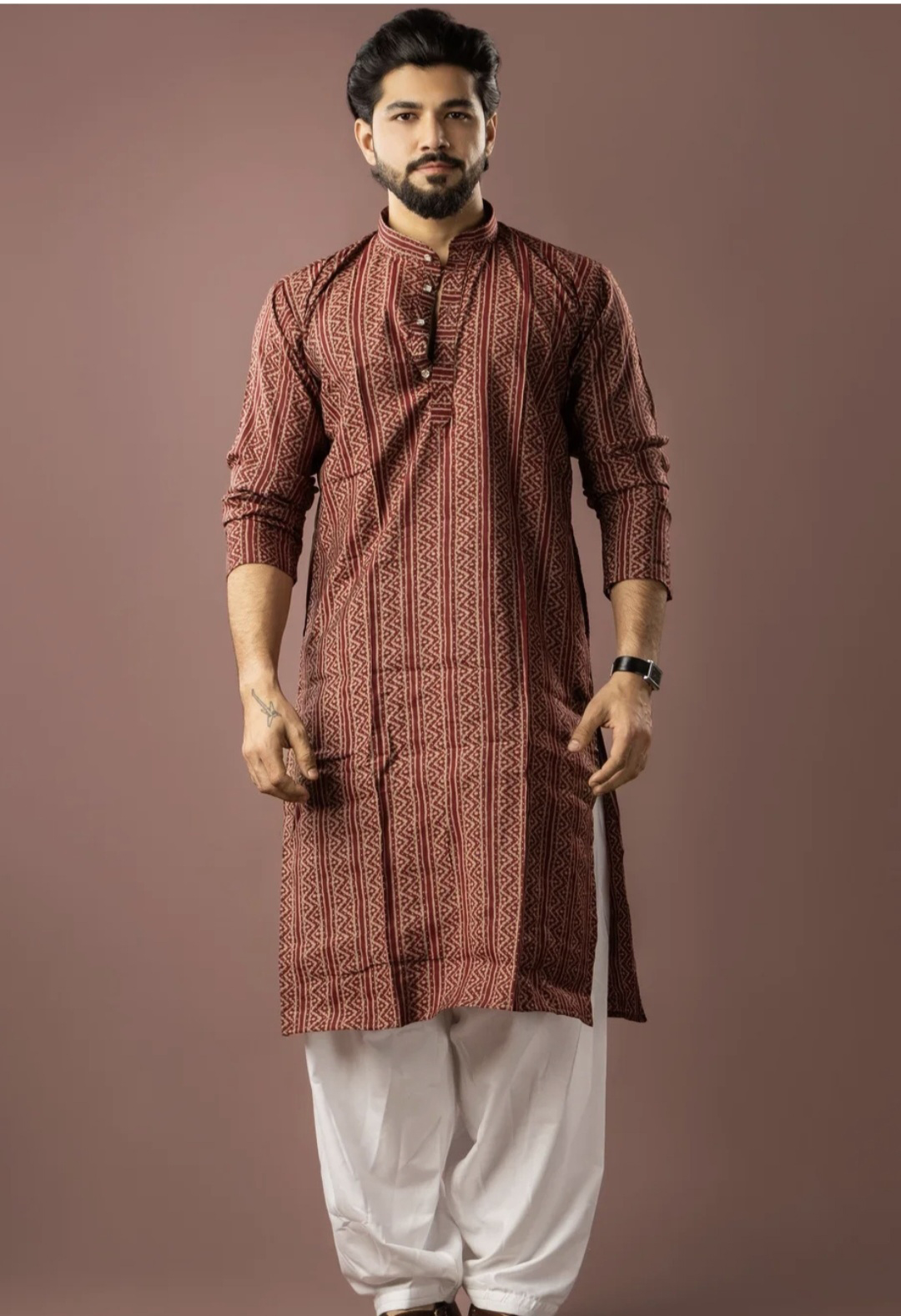 Maroon Linear Heritage Kurta Set