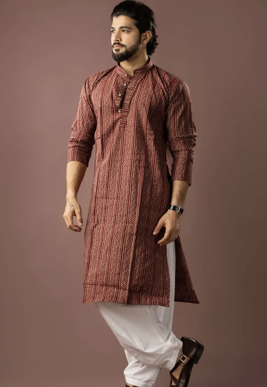 Maroon Linear Heritage Kurta Set