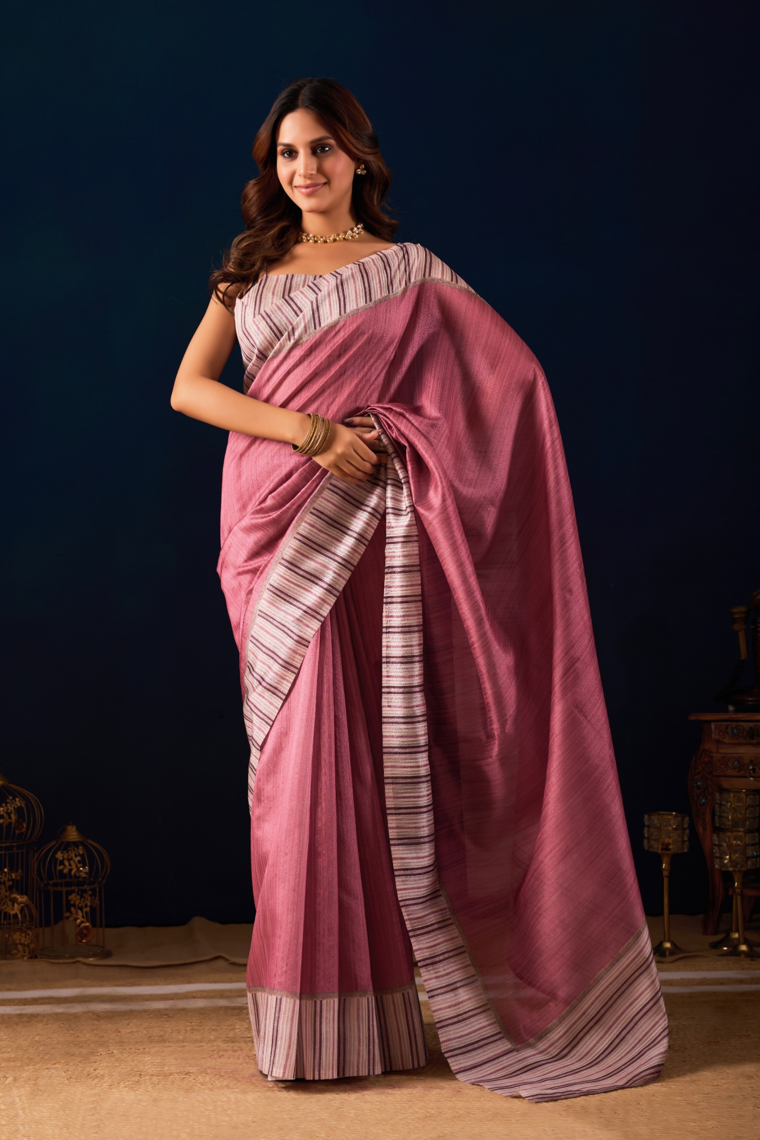 Maroon Linear Stripe Jute Silk Ready To Wear Saree