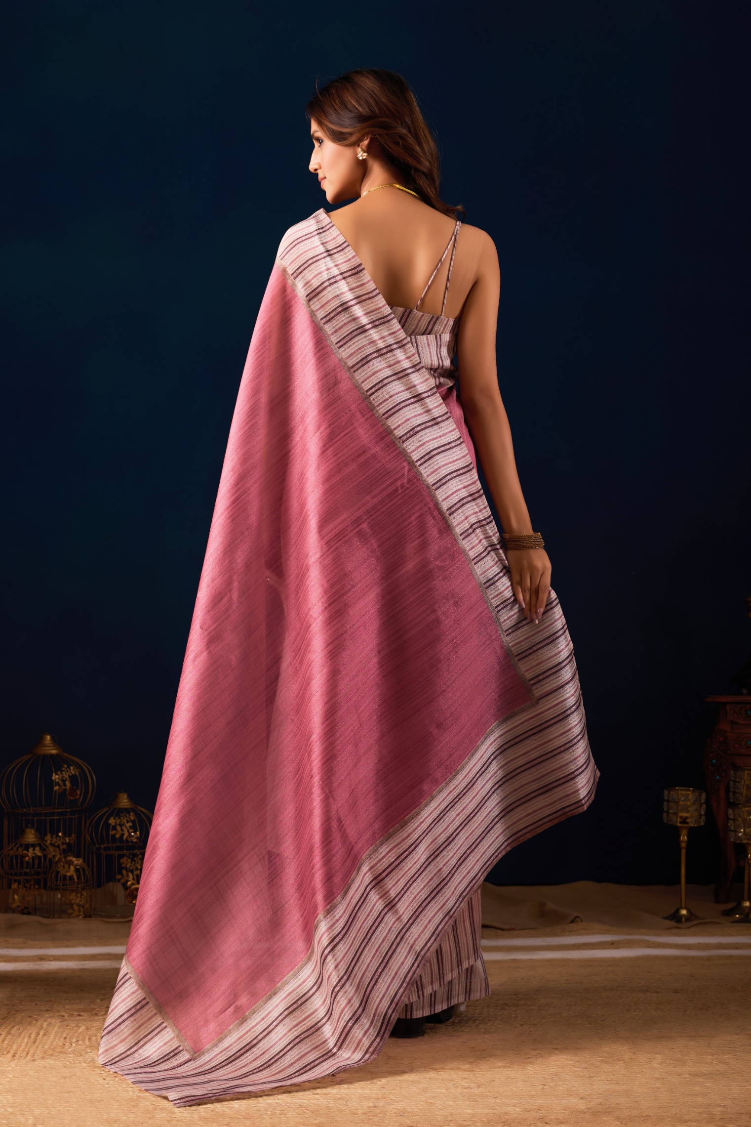 Maroon Linear Stripe Jute Silk Ready To Wear Saree — alternate view