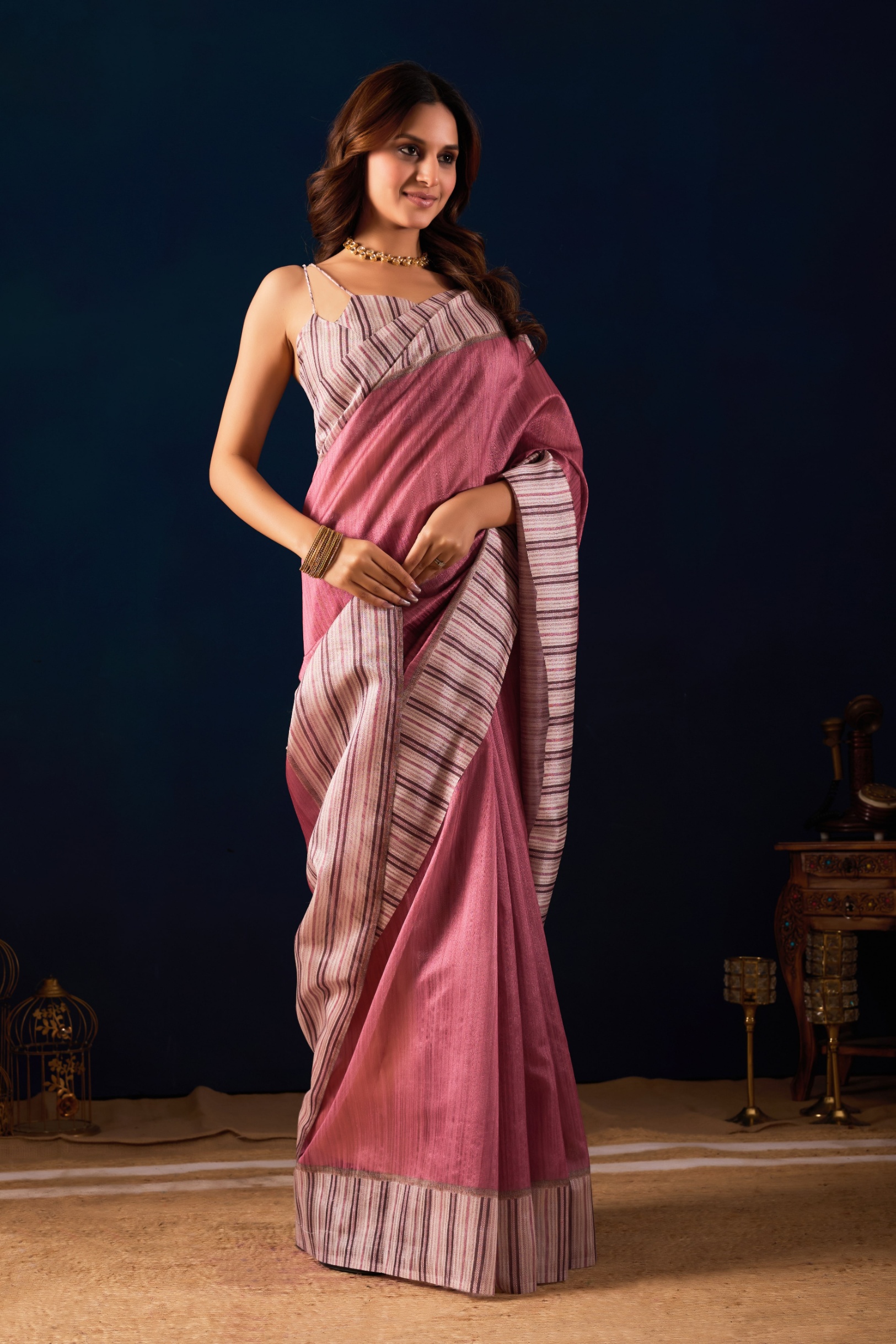 Maroon Linear Stripe Jute Silk Ready To Wear Saree