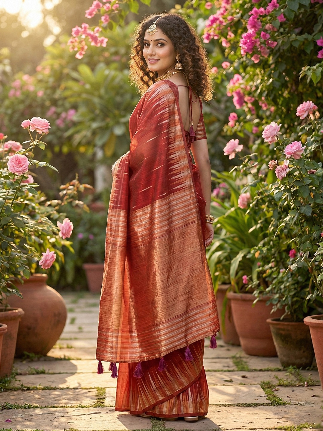 Maroon Linen Cotton Woven Designer Saree — alternate view