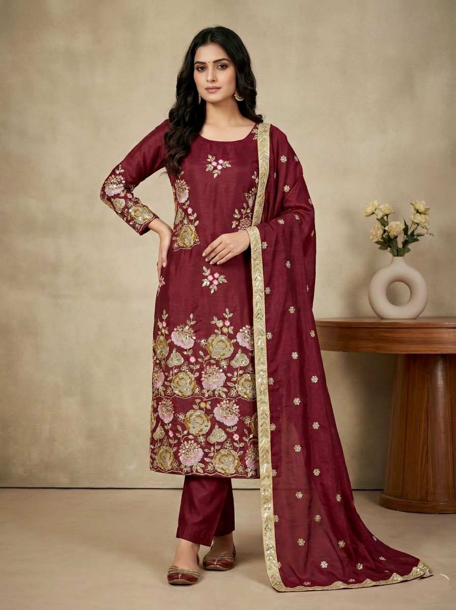 Maroon Majesty Organza Sequins Suit