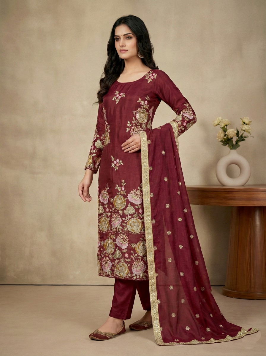 Maroon Majesty Organza Sequins Suit — alternate view