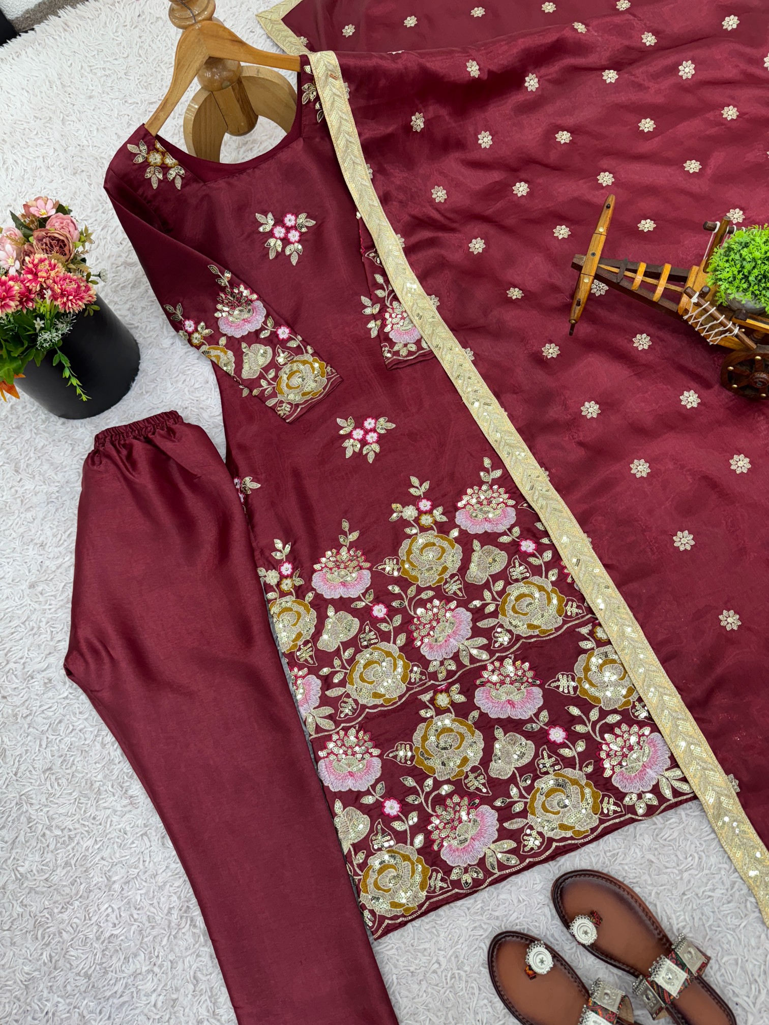Maroon Majesty Organza Sequins Suit