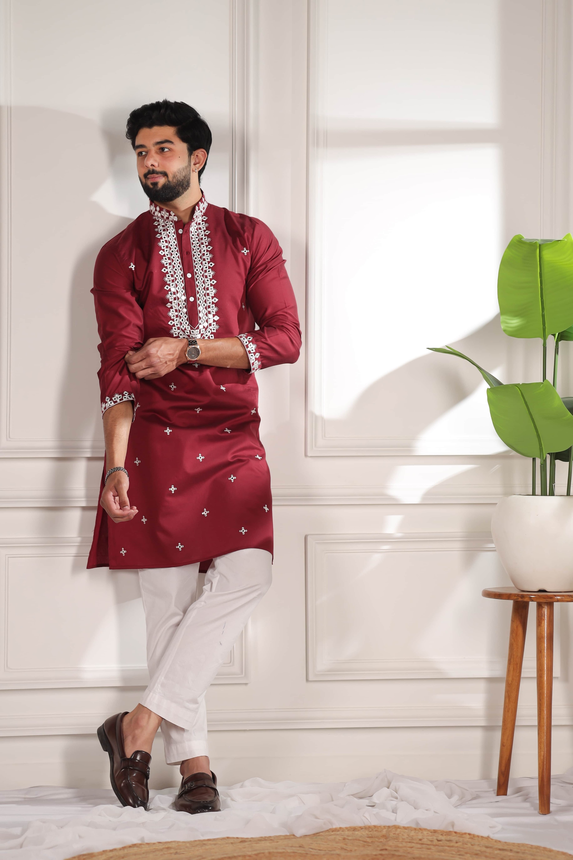 Maroon Minimal Embroidery Kurta Pyjama