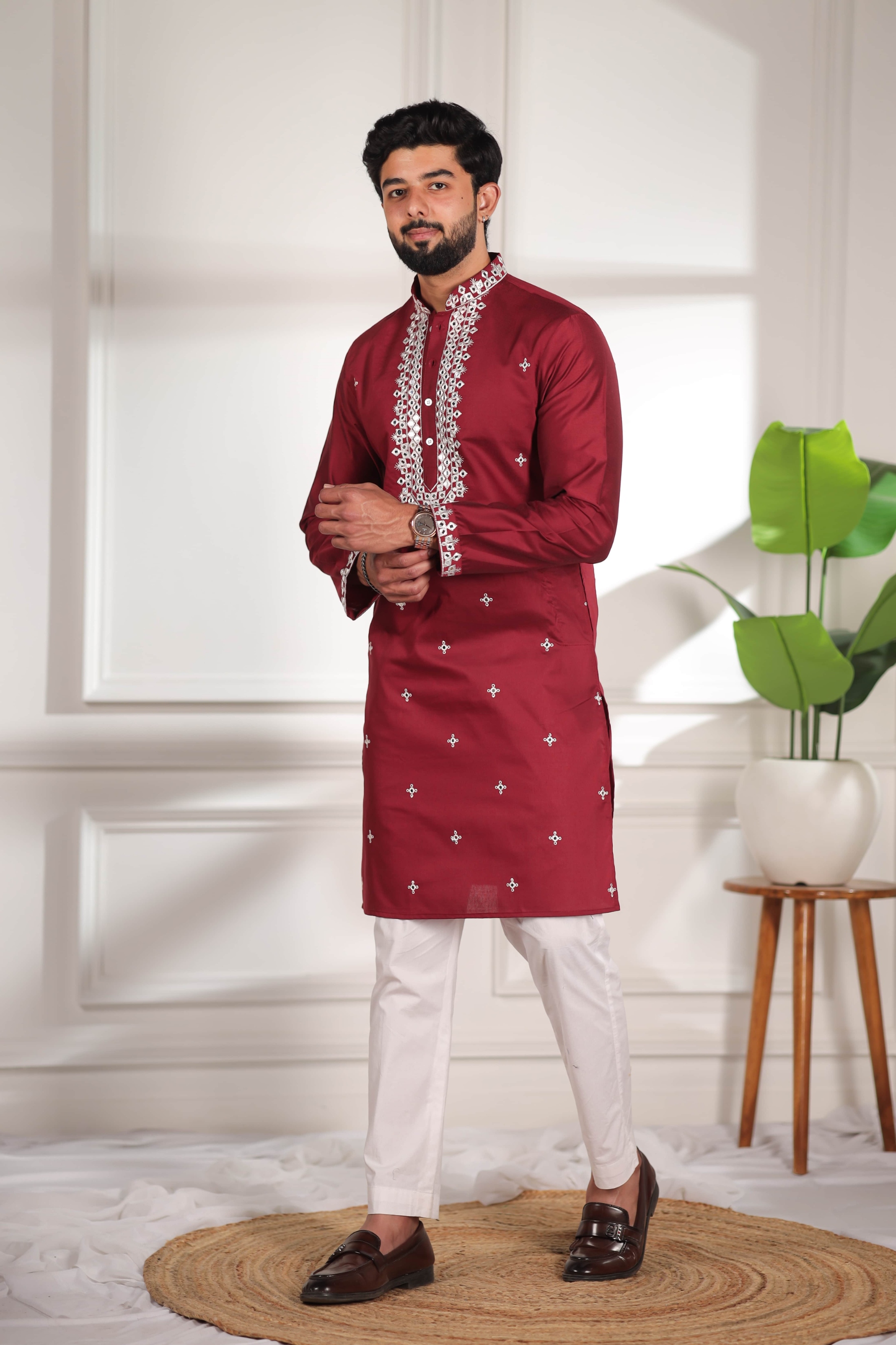 Maroon Minimal Embroidery Kurta Pyjama