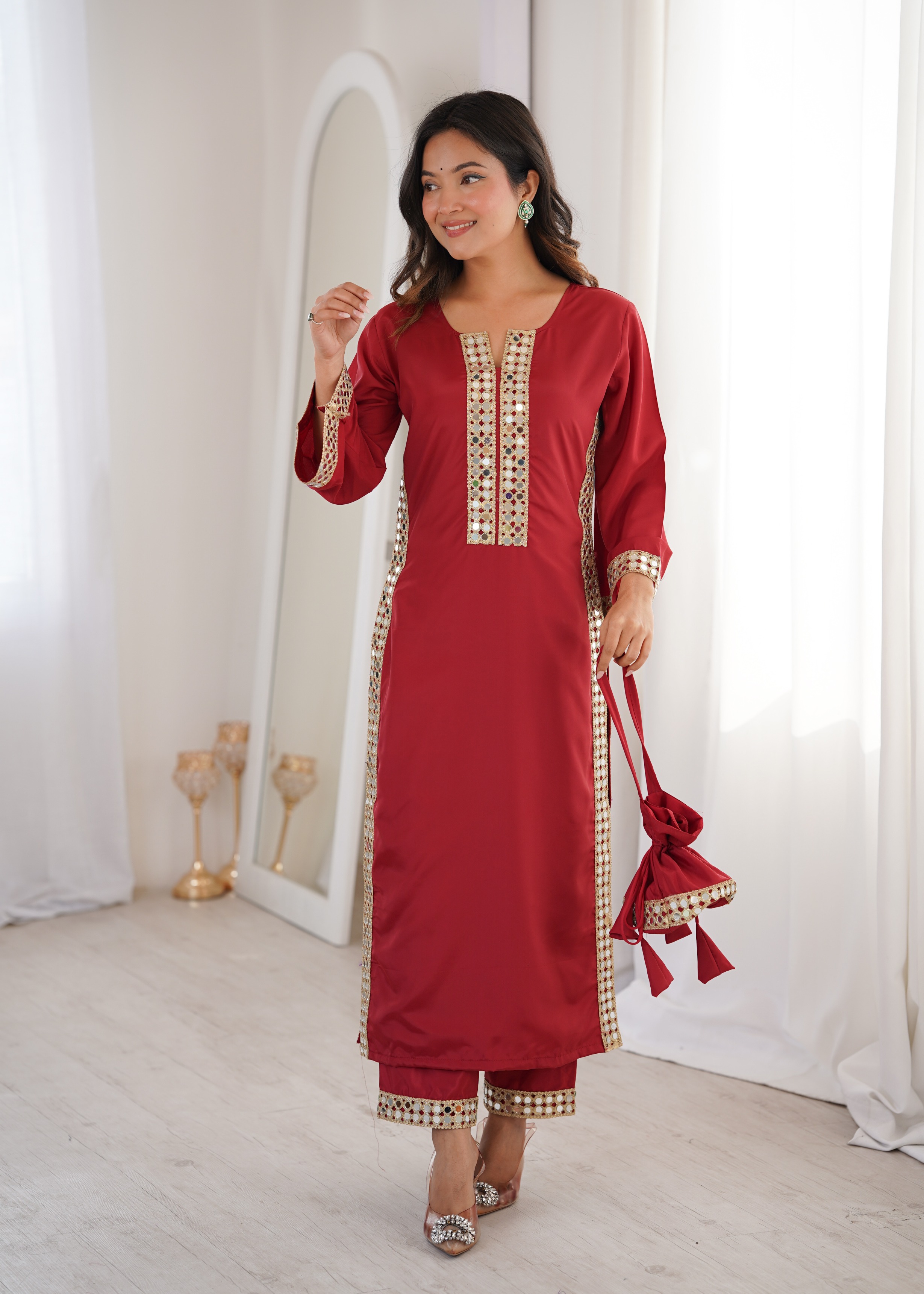 Maroon Mirror Panel Embroidered Crepe Straight Kurta Set