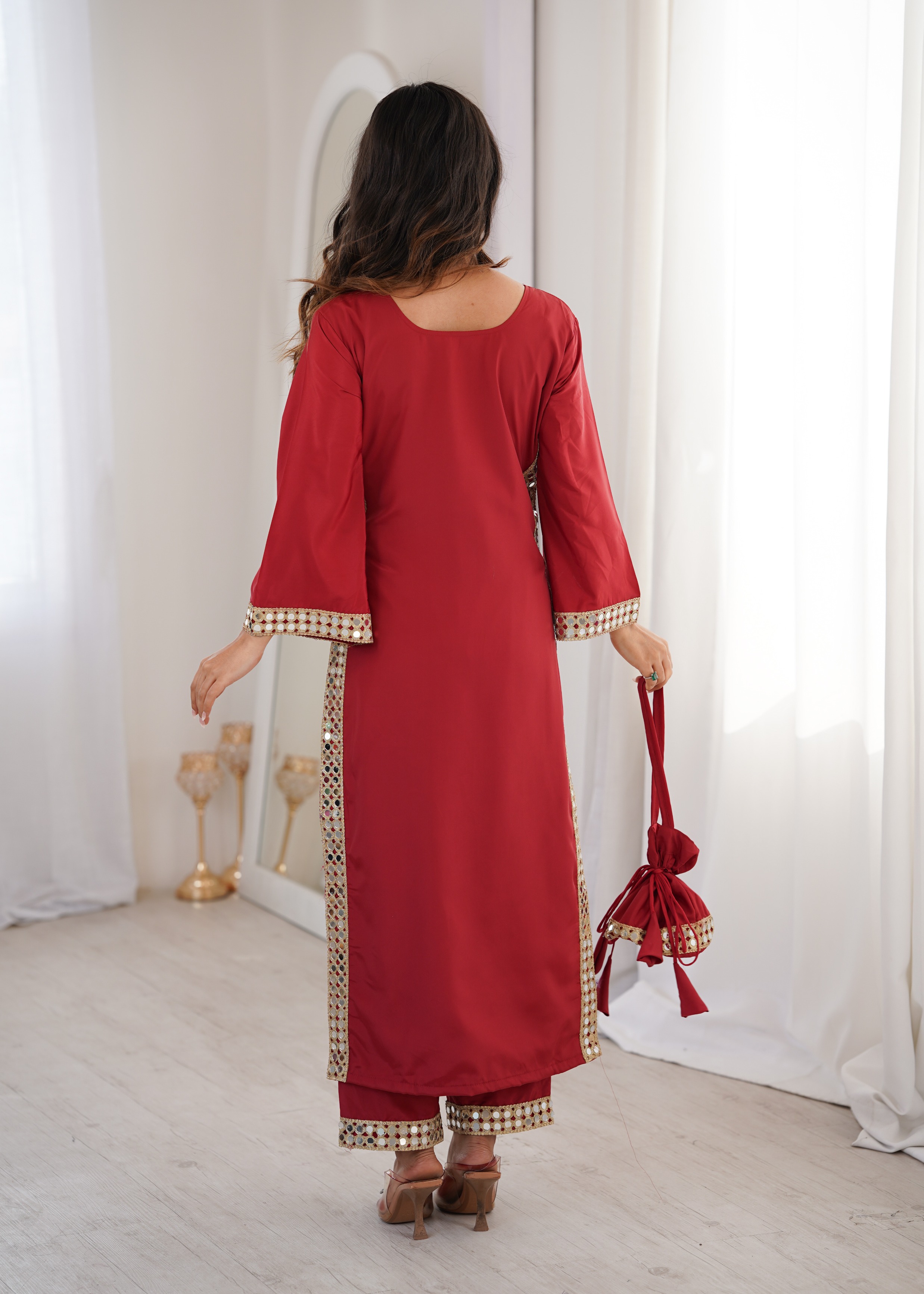 Maroon Mirror Panel Embroidered Crepe Straight Kurta Set — alternate view