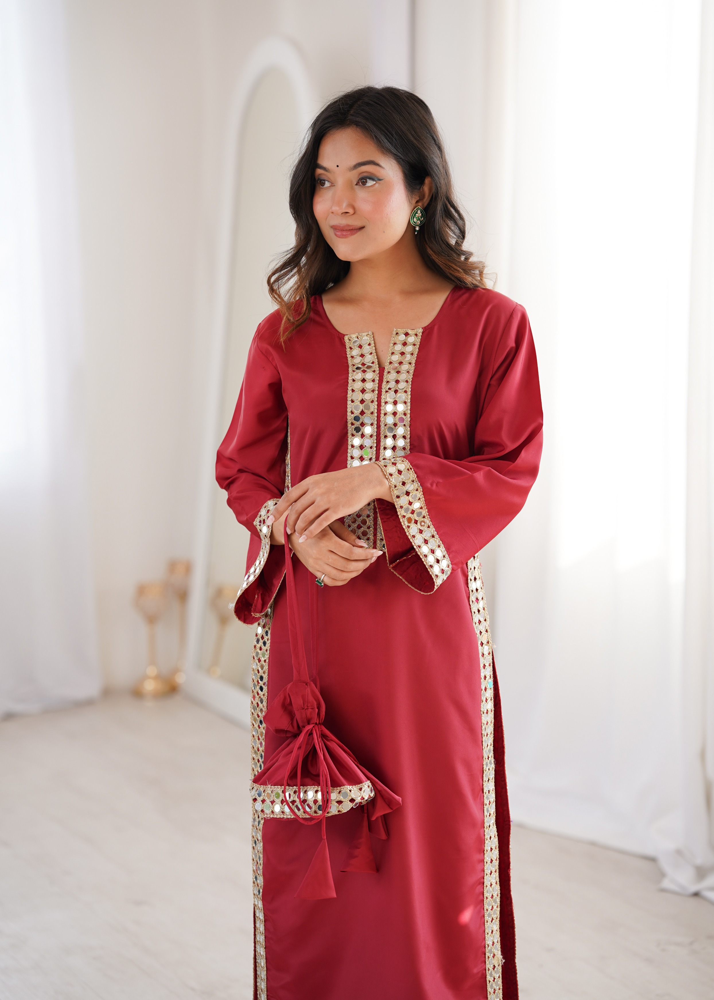Maroon Mirror Panel Embroidered Crepe Straight Kurta Set