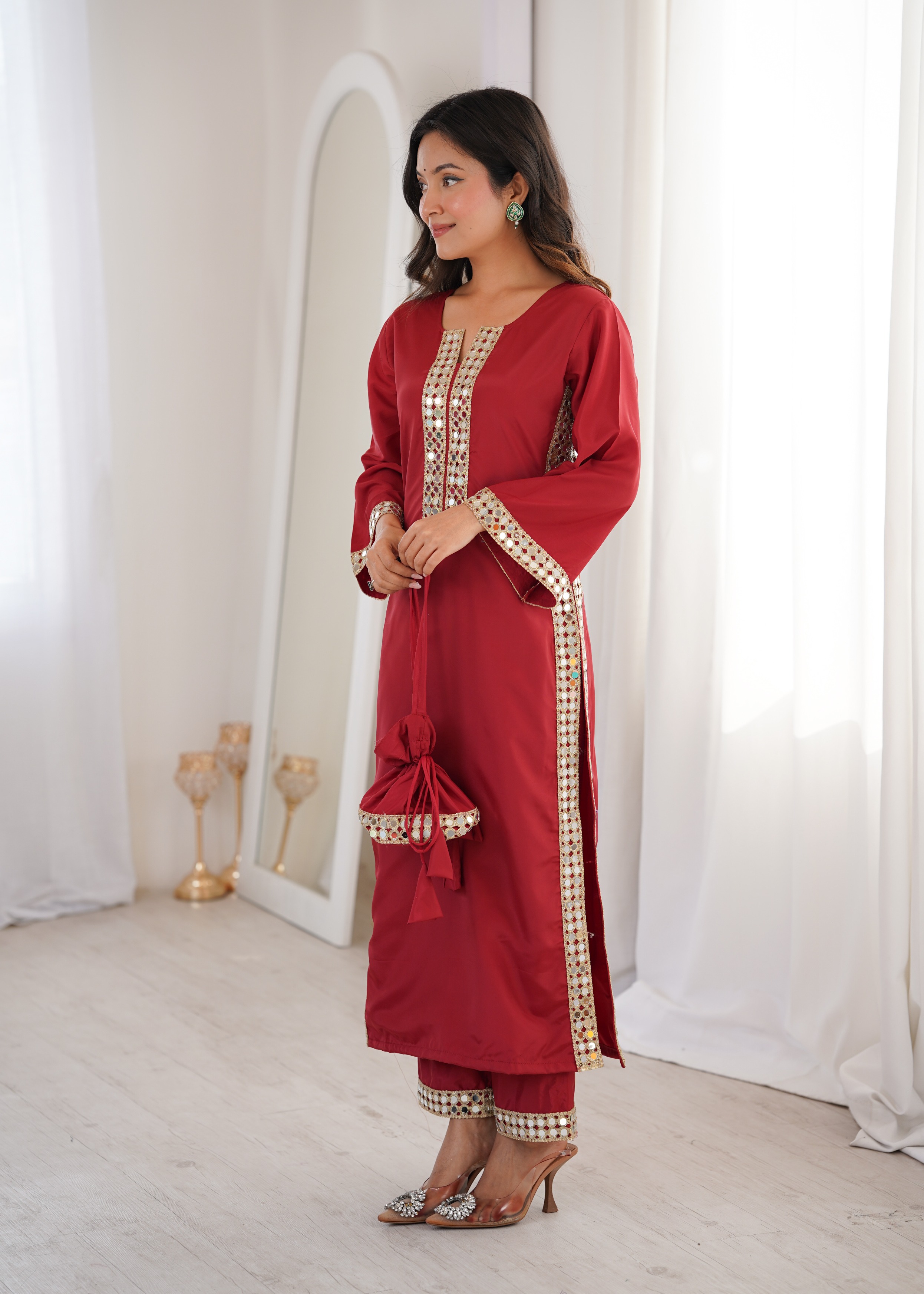 Maroon Mirror Panel Embroidered Crepe Straight Kurta Set
