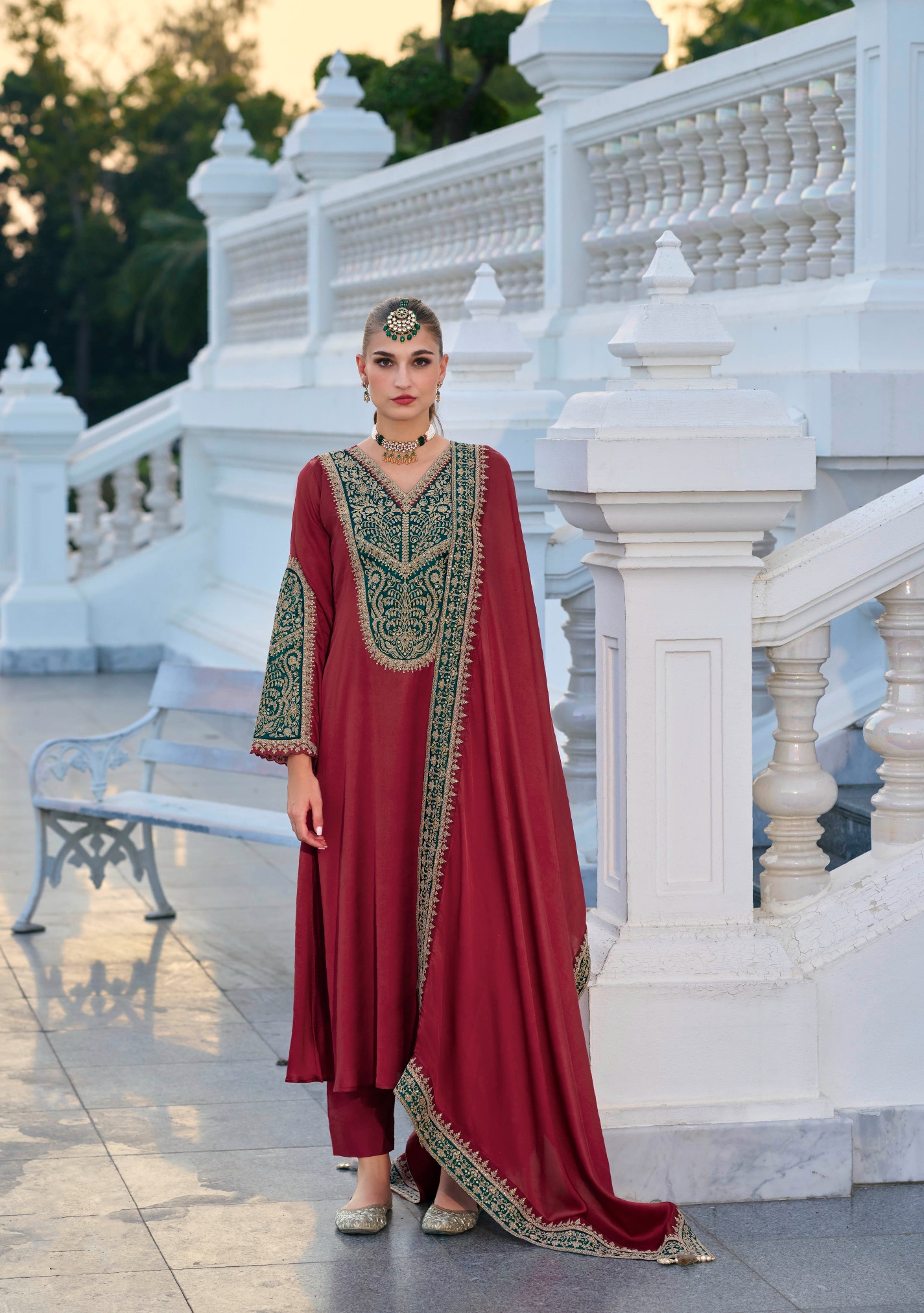 Maroon Mughal Embroidered Gajji Silk Straight Salwar Suit