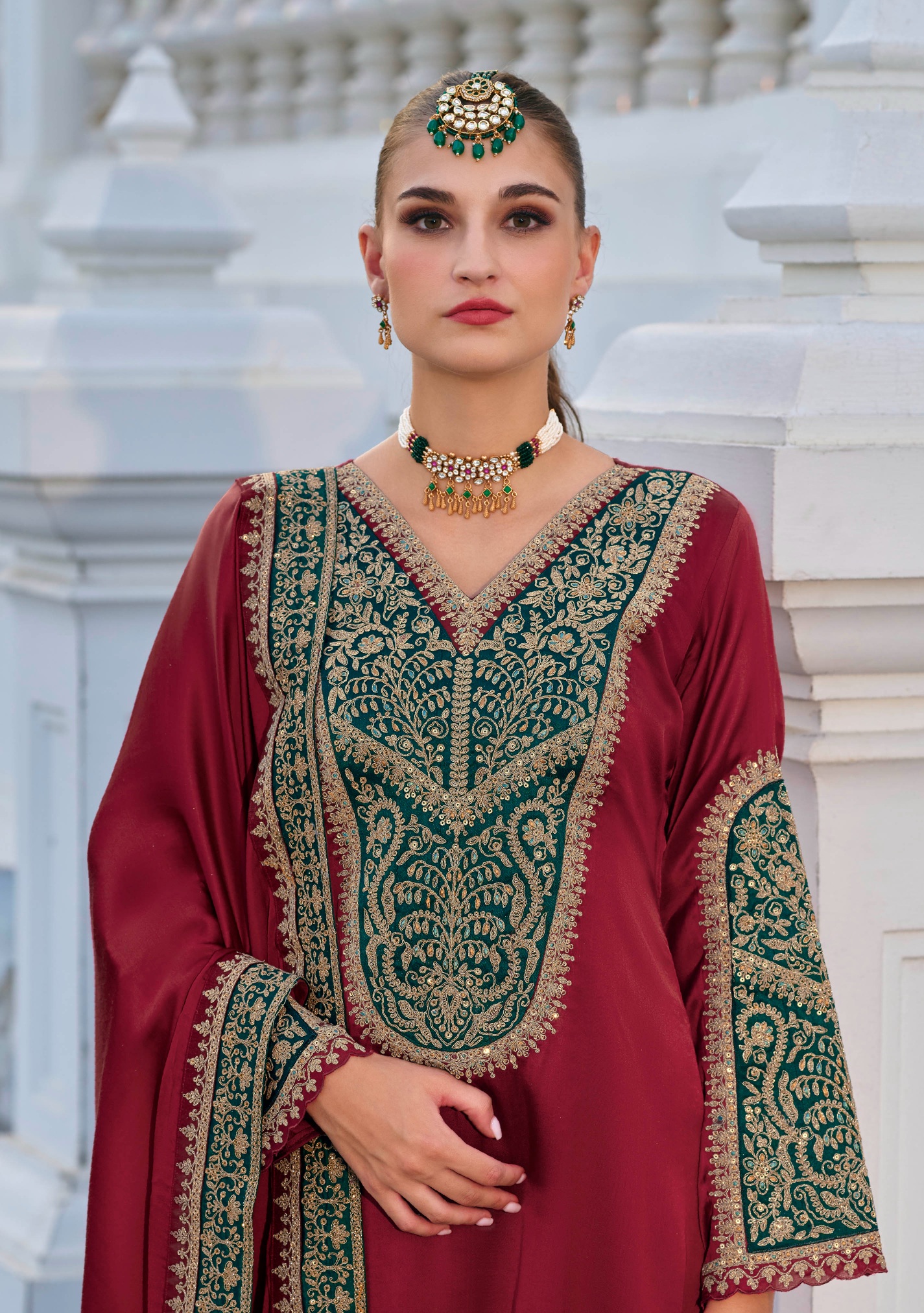 Maroon Mughal Embroidered Gajji Silk Straight Salwar Suit