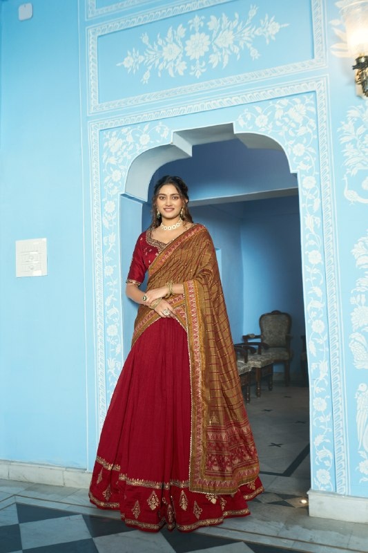 Maroon Mughal Embroidered Vichitra Silk Lehenga Choli