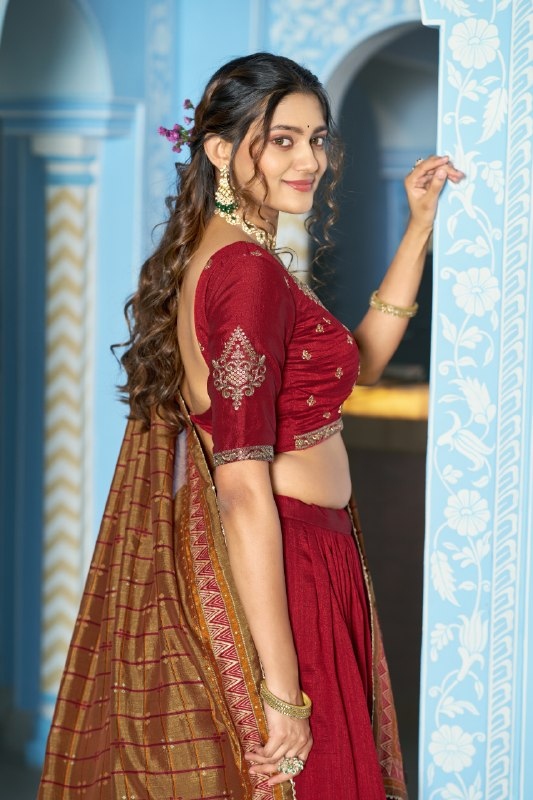 Maroon Mughal Embroidered Vichitra Silk Lehenga Choli — alternate view