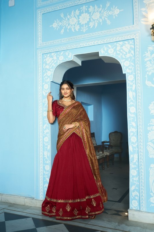 Maroon Mughal Embroidered Vichitra Silk Lehenga Choli