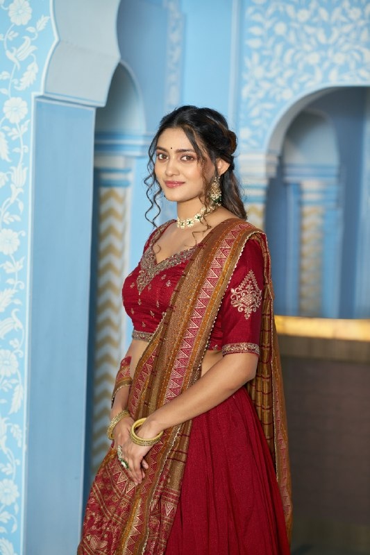 Maroon Mughal Embroidered Vichitra Silk Lehenga Choli
