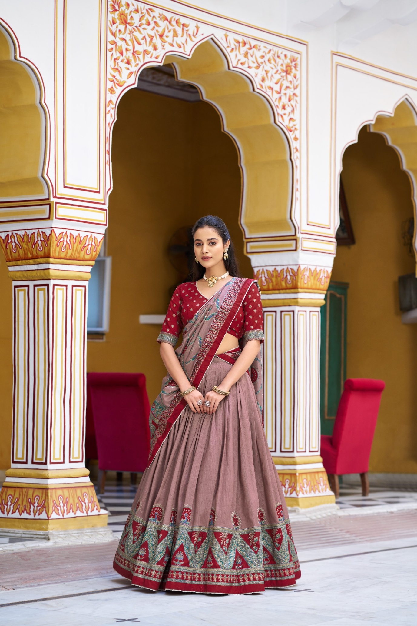 Maroon Mughal Zari Tussar Silk Lehenga Choli